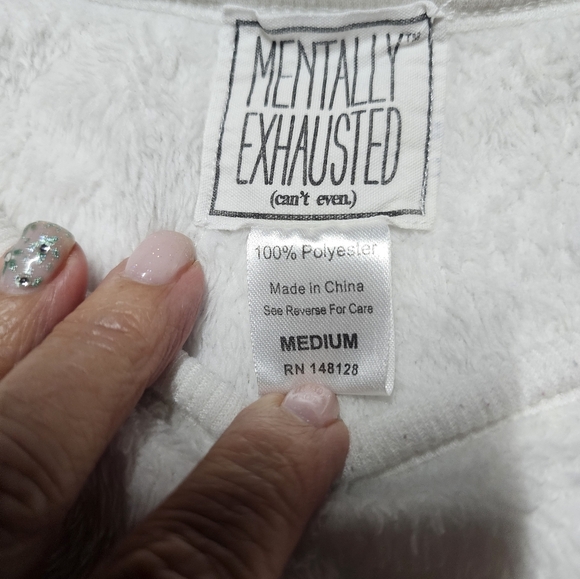 Mentally Exhausted Fuzzy Face Graphic Sweatshirt Women’s Medium Sequin Lips Eyes - Picture 3 of 8